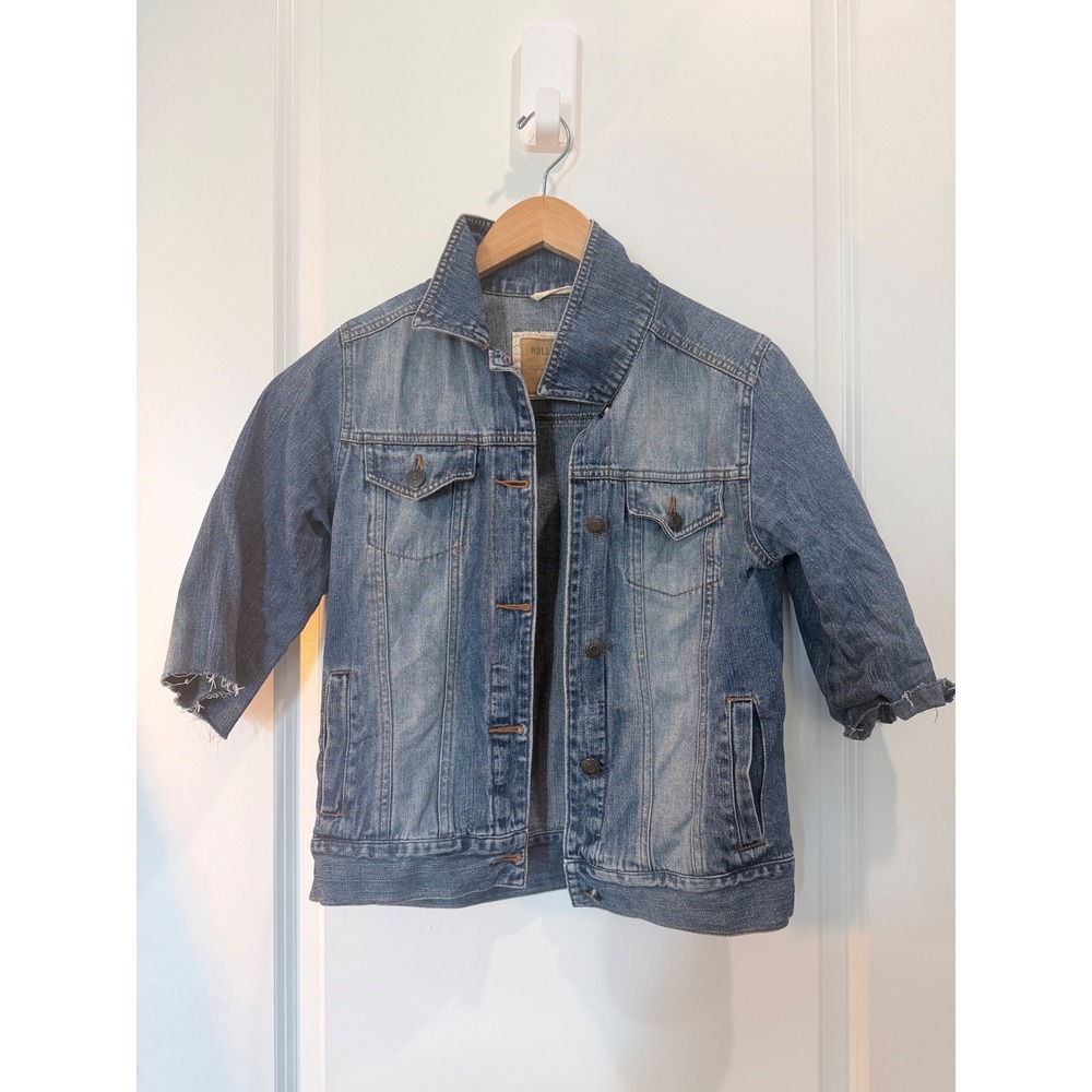 Hollister Denim Jacket Medium Wash Cut Off 3/4 Sleeve Cotton Trucker Blue Size M